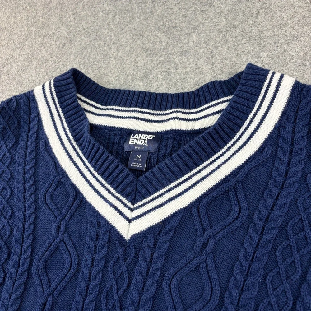 Lands End Drifter Navy Blue Cable Knit Striped V-Neck Sweater Kids M 10-12